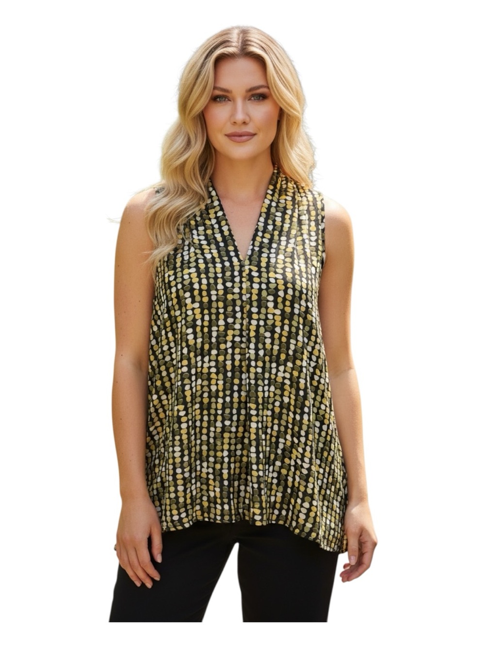V-Neck Plus Size Sleeveless Dot-Print Camisole in Black and Yellow